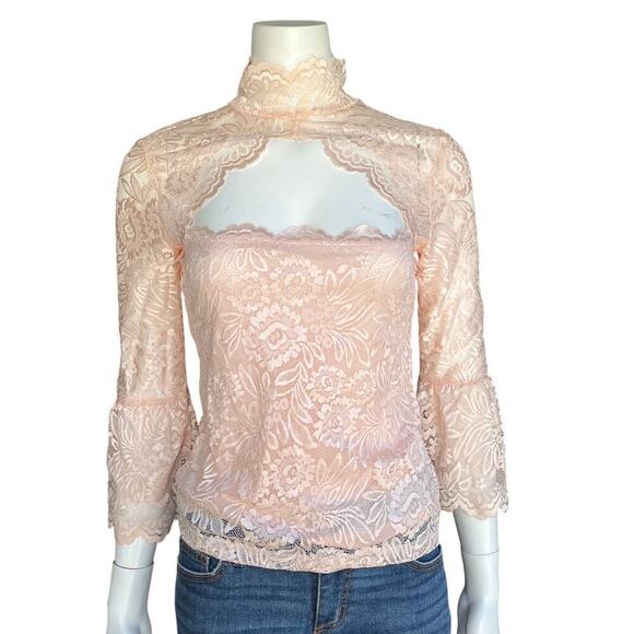 VENUS Blush Lace High Neck Bell Sleeve Sheer Top Small - Picture 2 of 9